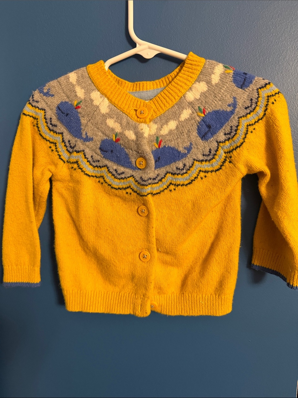 Baby Boden Yellow Whale Fair Isle Cardigan 9-12M